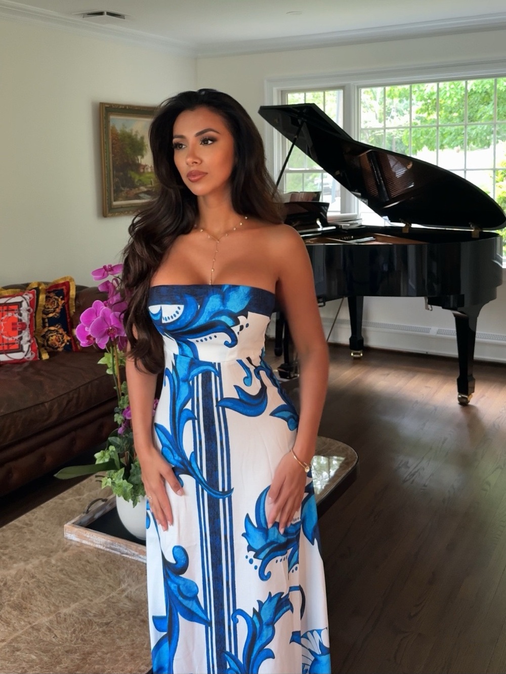Commense Strapless White Maxi Dress with Blue Scroll Motif